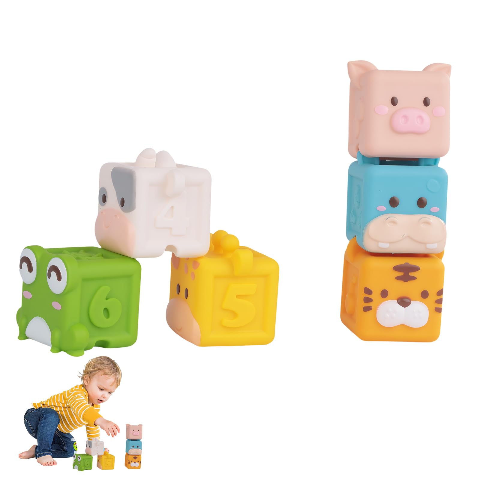 6 Pcs Mini Animals Shapes Soft Blocks - Baby Blocks, Baby Stacking Toy, Educational Squeeze Play, Building Block, Stacking Toys, Teethers Toy, 6 Months and up