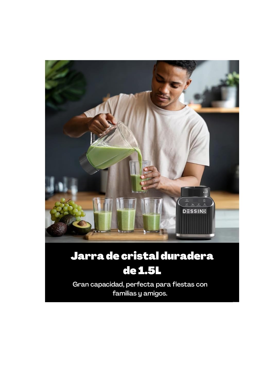Touchscreen Batidora de vaso cristal de 1200 W de potencia max., Jarra de 1,5 L, 6 cuchillas de acero-inoxidable,4 funciones para triturar hielo y frutas congeladas, vaso portátil de 710 ml