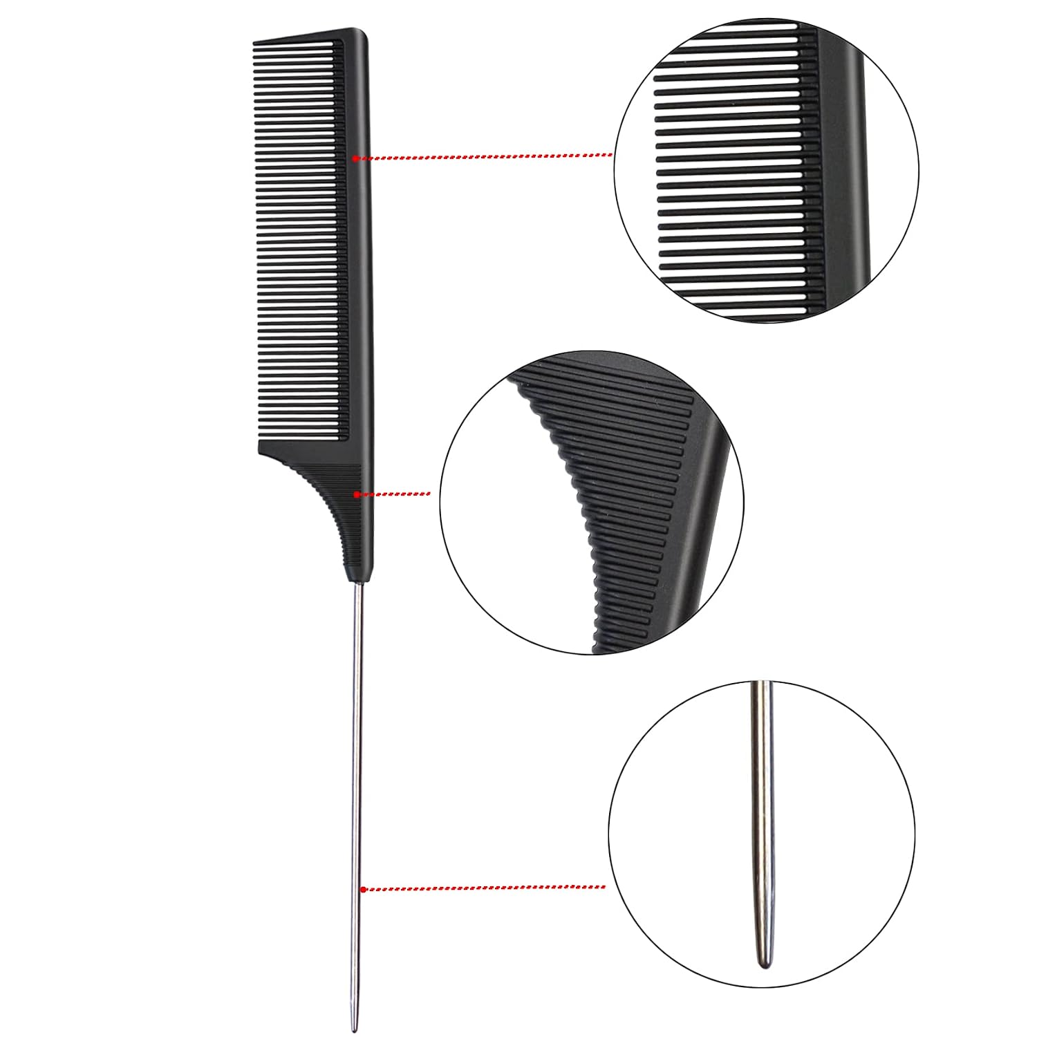 3 Pcs Rat Tail Combs Carbon Fiber Heat Resistant Teasing Hair Combs with Stainless Steel Pintail for All Hair Types (Black)