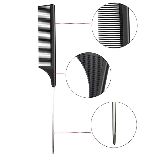 Miniatura 3 de 3 peines de cola de rata, fibra de carbono, resistentes al calor, con cola de acero inoxidable para todo tipo de cabello (negro)