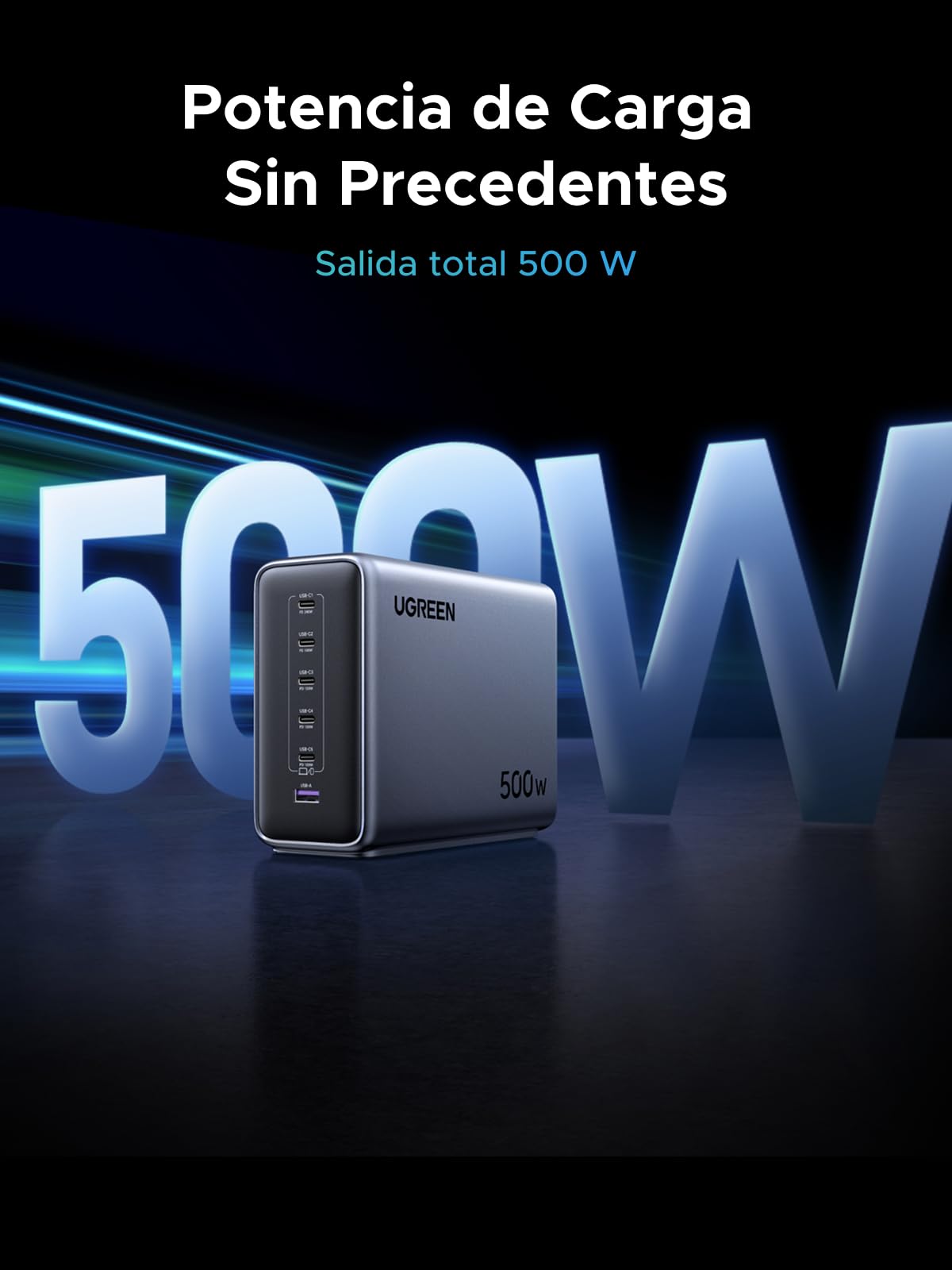 UGREEN Nexode 500W Cargador USB C con 6 Puertos Estación de Carga GAN | PD 3.1 PPS 45W Compatible con iPhone 17 Pro MAX Air 16 15 14 13 Galaxy S26 25 24 Pixel 10 Pro iPad MacBook M5 M4