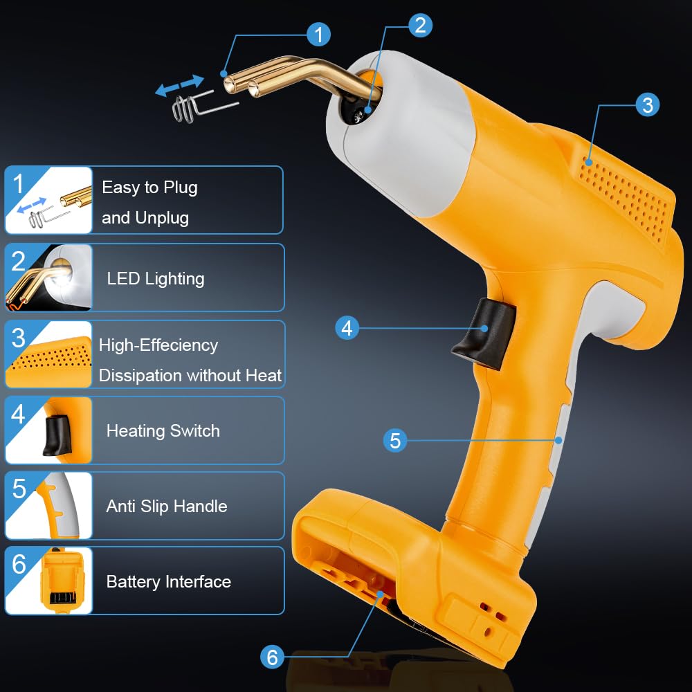 Choerinton Pistola saldatrice in plastica senza fili, compatibile con batteria Dewalt max 20 V con 600 punti metallici a caldo, kit di saldatura in plastica per paraurti auto, cruscotto e riparazione