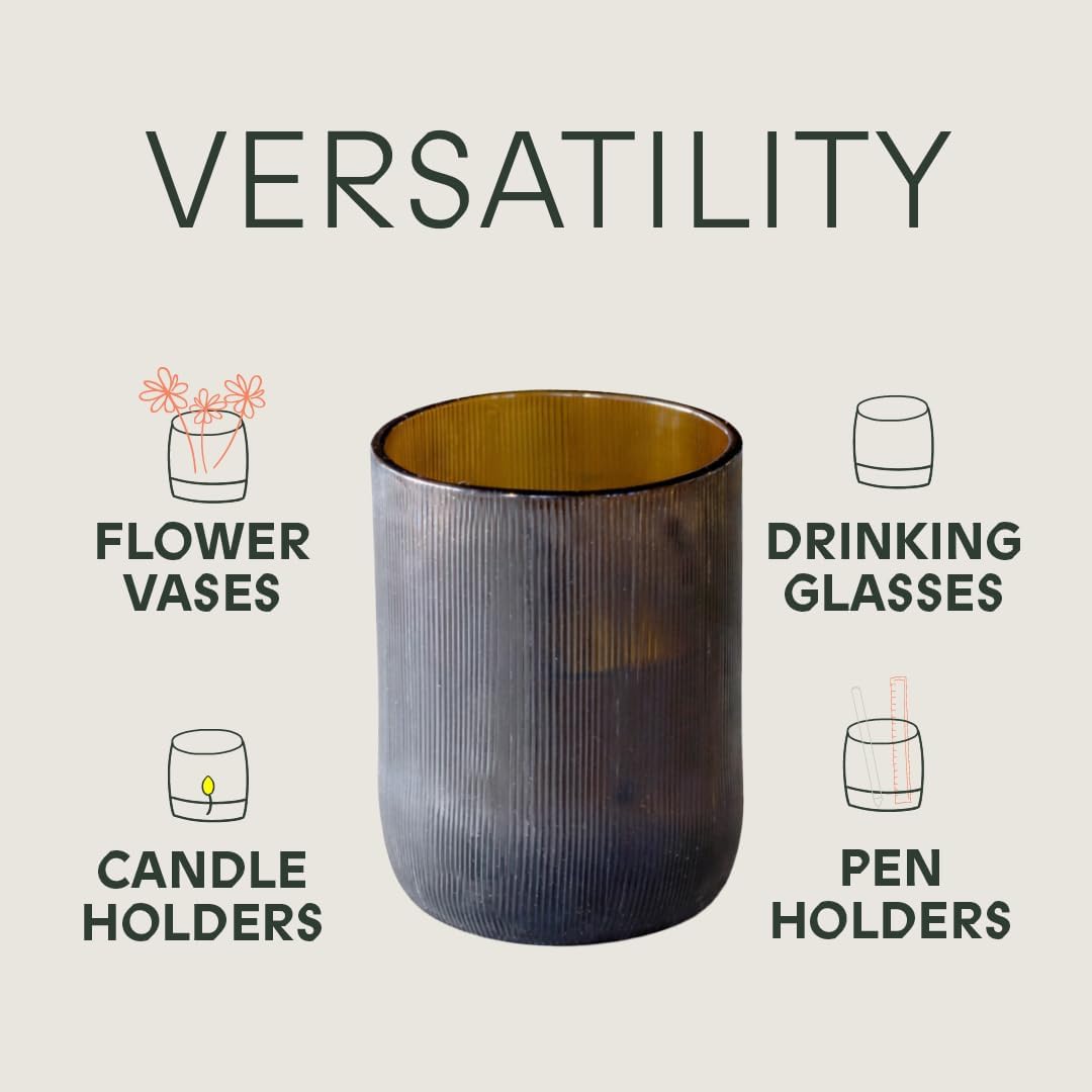 IWAS Upcycled Short Amber Drinking Glasses, Short, 8.45 oz / 250 ml, Set of 4 Rustic Grooved Cups, Handcrafted Sustainable Glassware - Image 4