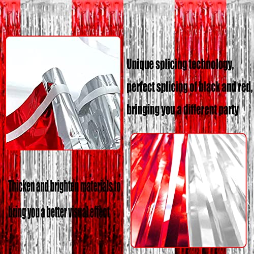 Image of 4 Pack Silver Red Foil Fringe Curtain Backdrop, 3.28Ft x 8.2Ft Metallic Tinsel Foil Fringe Streamers Curtains for Photo Booth, Wedding, Circus Welcome Carnival Birthday Party Decoration