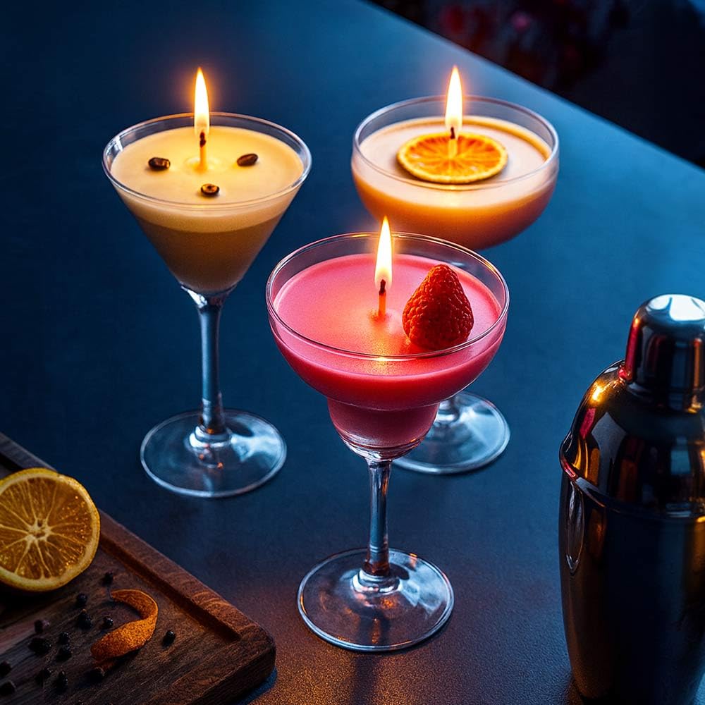 MikaMax Coffret de 3 Bougies Parfumées aux Cocktails - Passion Martini, Daiquiri à la Fraise & Espresso Martini - 25 h de Combustion - Cadeau Original pour Femme et Amatrice de Cocktails
