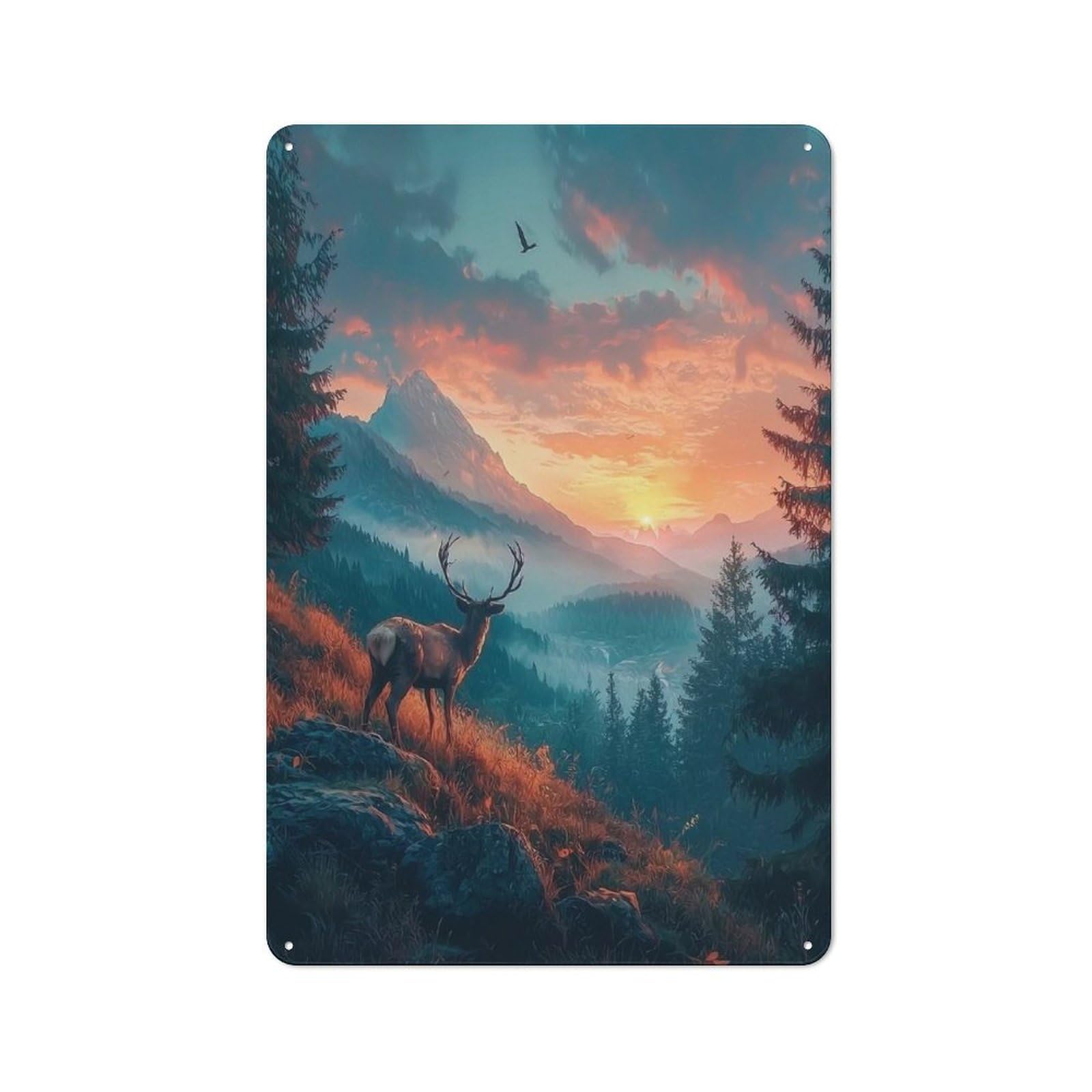 Junmoney Majestic Deer Sunset Metal Plaque 30X20cm With For Pub Or Café, Rustic Decor, For Pub Decor Enthusiasts