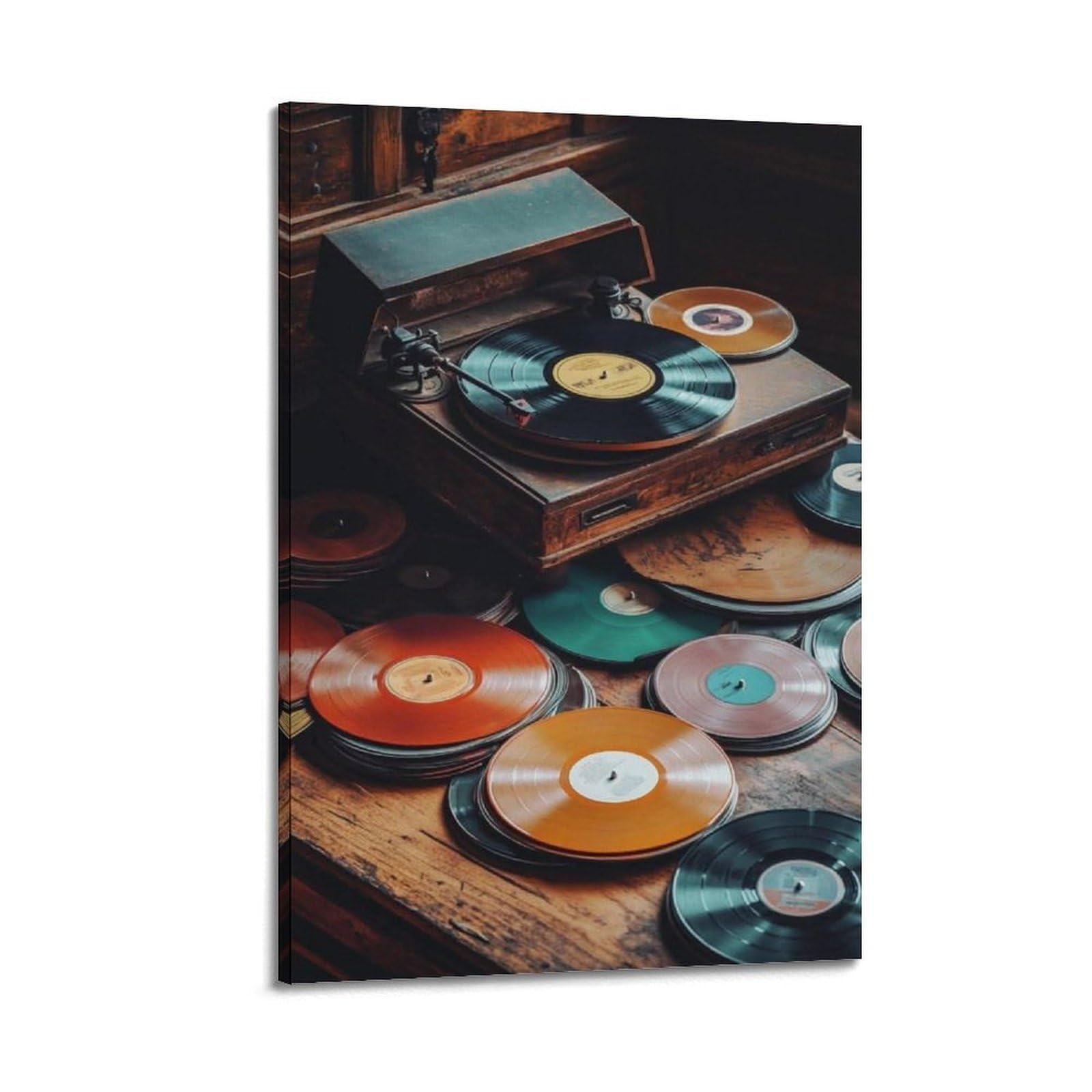 Gramofon w stylu vintage z kolorowymi płytami winylowymi sztuka ścienna, retro muzyka dekoracja do domu i salonu plakat dekoracyjny obraz płótno plakaty ścienne i druk artystyczny obraz nowoczesny