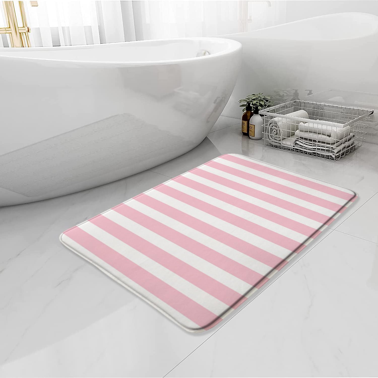BNYARH Pink White Striped Bath Mat Modern Geometric Fashion Minimalist Microfiber Memory Foam Bathroom Decor Mat 16X24 Inch