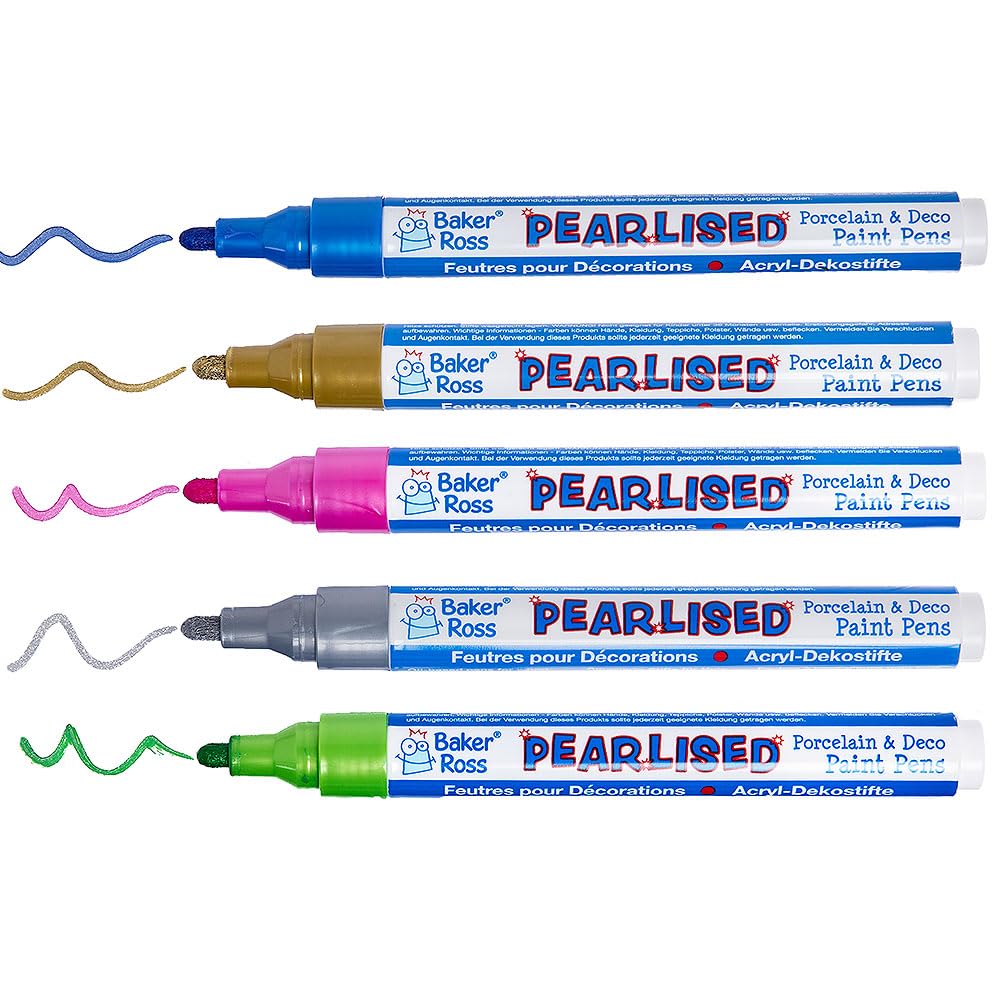 Baker Ross WA145 Pearlised Porcelain & Deco Paint Pens Pack B - Pack of 5, Glossy Paint Pens for Ceramic and Craft Decorating