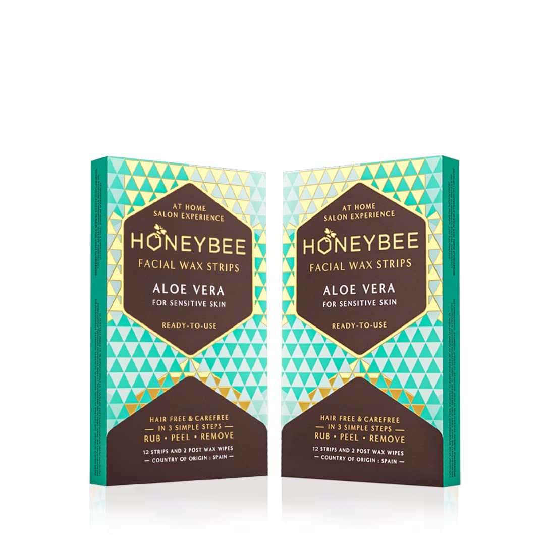 Honeybee Aloe Vera Vegan Facial Wax Strips | Waxing Strips for Women | Upper Lips, Chin, Fingers & Toes Hair Removal | For Sensitive Skin | 12 Strips, 2 After Care Wipes Free (Pack of 2)