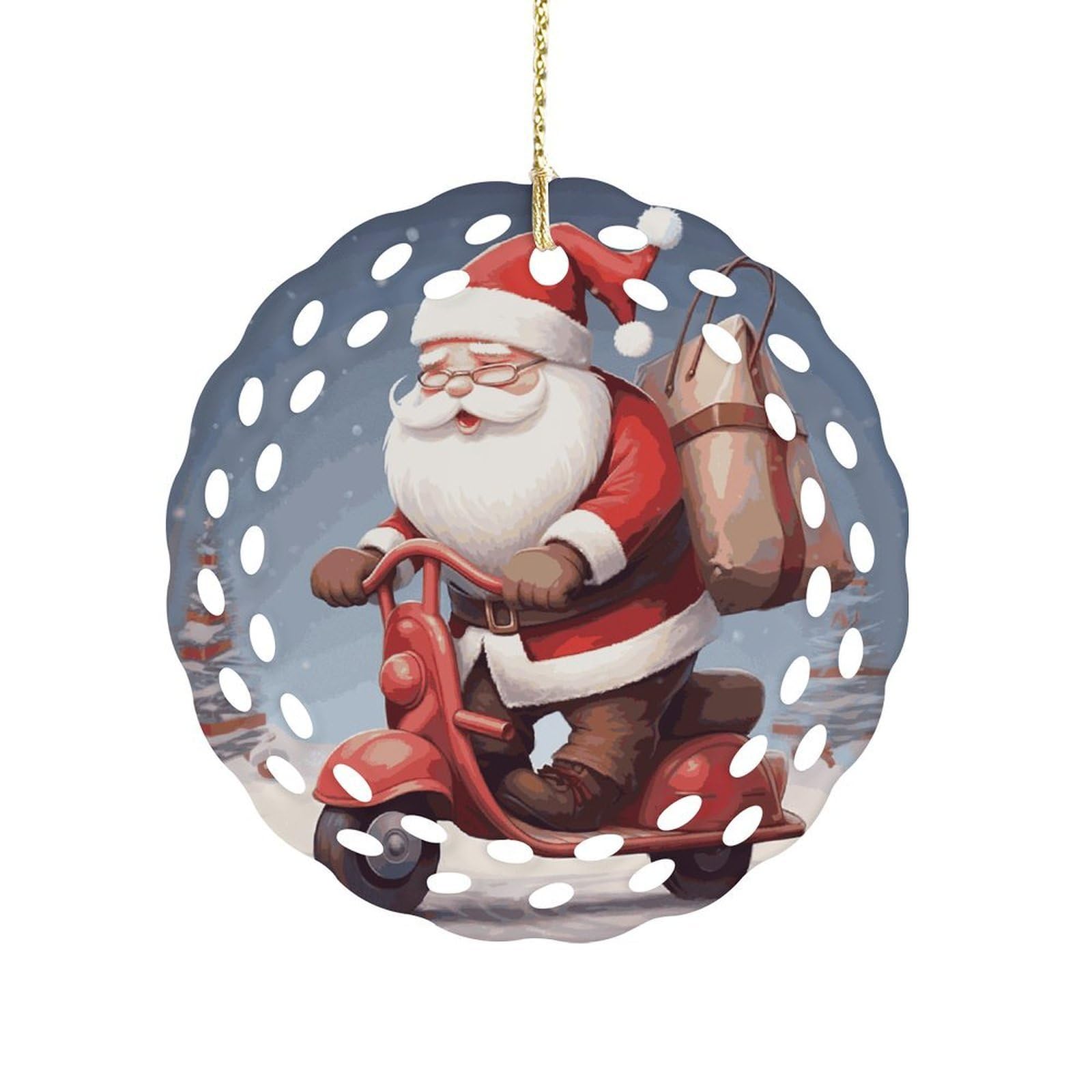 Santa Claus on Scooter Christmas Ornament Holiday Hanging Decoration Xmas Tree Keepsake Personalized Xmas Tree Ornament Round Ceramic Ornaments for Keepsake Gifts Ideas Home Decor