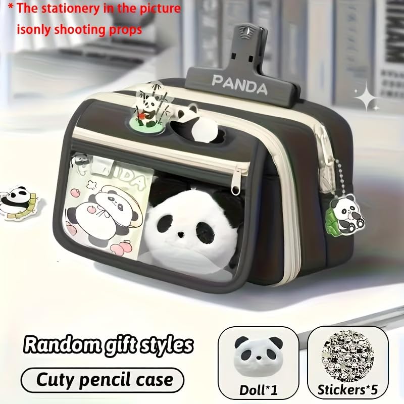 Image of Panda Pencil Case,Cute Design Large Capacity with Transparent Window, Includes Panda Doll and Stickers (Black)