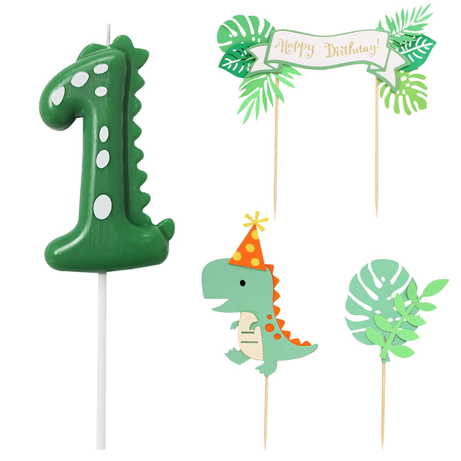 Lsyysl Green 1 Piece Candle, 3 Piece Cake Insert, Number 1 Candle, Dinosaur Decoration, Children's Birthday Party Cake Insert