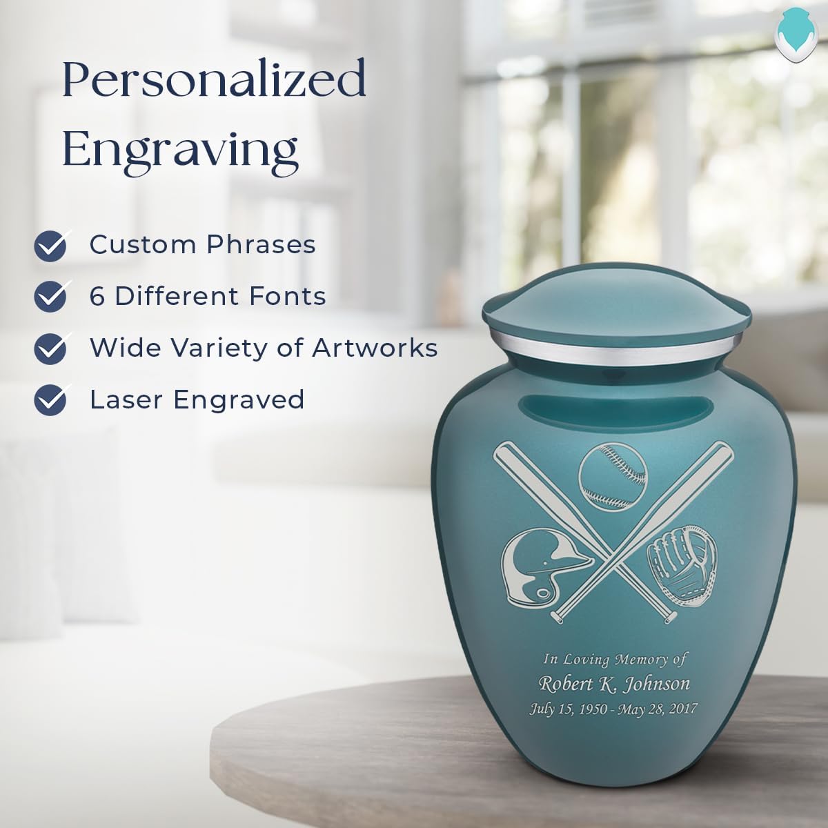 Geturns - Adult Personalized Baseball Cremation Urns for Human Ashes I Large Teal Funeral Urn for Men and Women I 200 lbs