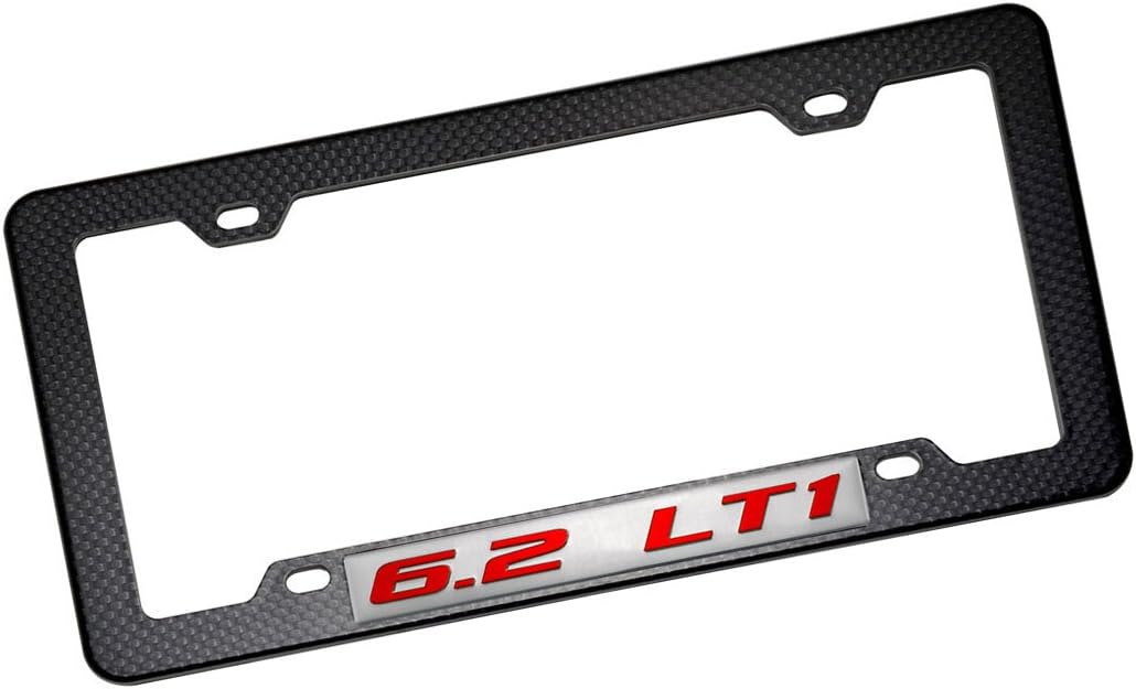 Black Carbon Fiber Look License Plate Frame with 6.2 LT1 RED on Silver Highly Polished Real Aluminum Emblem Compatible with Chevy Chevrolet Pontiac Buick Holden Special Vehicles HSV