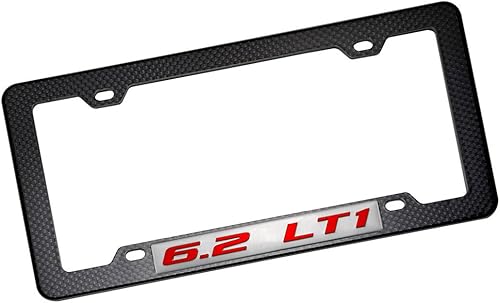 Marco de matrícula con aspecto de fibra de carbono negro con emblema de aluminio real altamente pulido de 6.2 LT1 rojo sobre plata