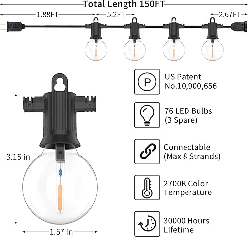 Miniatura 10 de ZOTOYI Tira de luces para exteriores de 50 pies, luces LED para patio con 27 bombillas G40 de plástico (2 de repuesto), impermeable, IP65 Edison