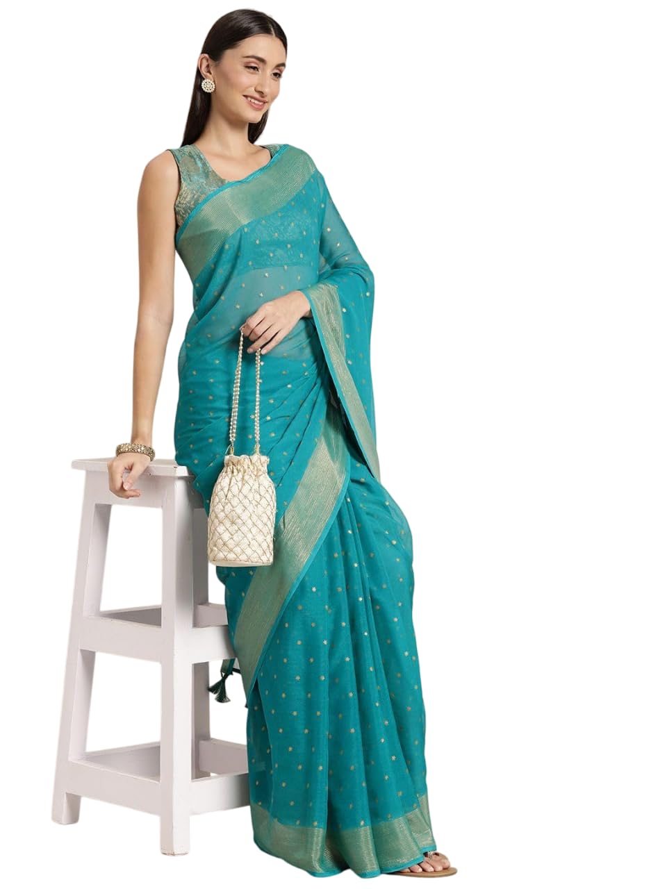 Zari 194422 Zari-Sari aus reinem Chiffon, Blau und Goldfarben, blau, One size