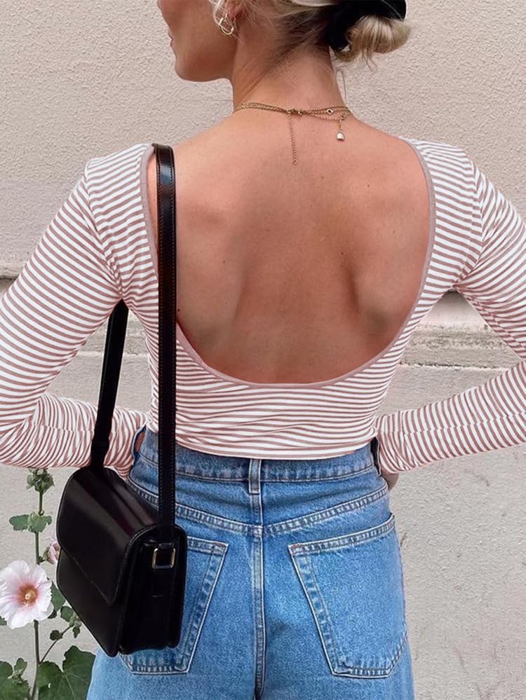 POHADON Women Sexy Backless Long Sleeve Striped Shirt Y2K Clothes Slim Fit Open Back Going Out Tees Trendy Crop Tops - Image 6