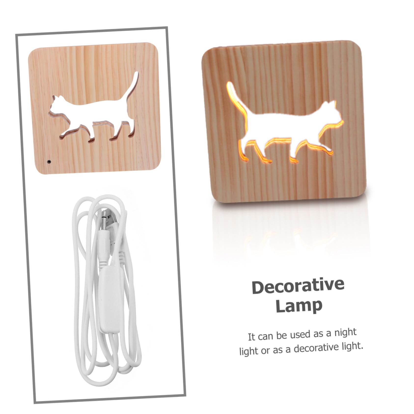 Baluue USB Nachtlicht aus Kiefernholz in Katzenform Hohle Holzlampe für Entspannte Atmosphäre im Wohnzimmer oder Arbeitszimmer Inklusive USB Kabel