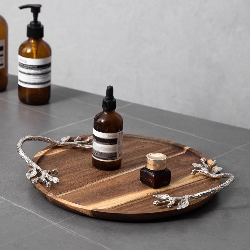 Bandejas Servir Comida Plato Decorativo Redondo Retro For Fruta, Bandeja De Madera For Almacenamiento Perfume Y Maquillaje, Té Mesa Cama