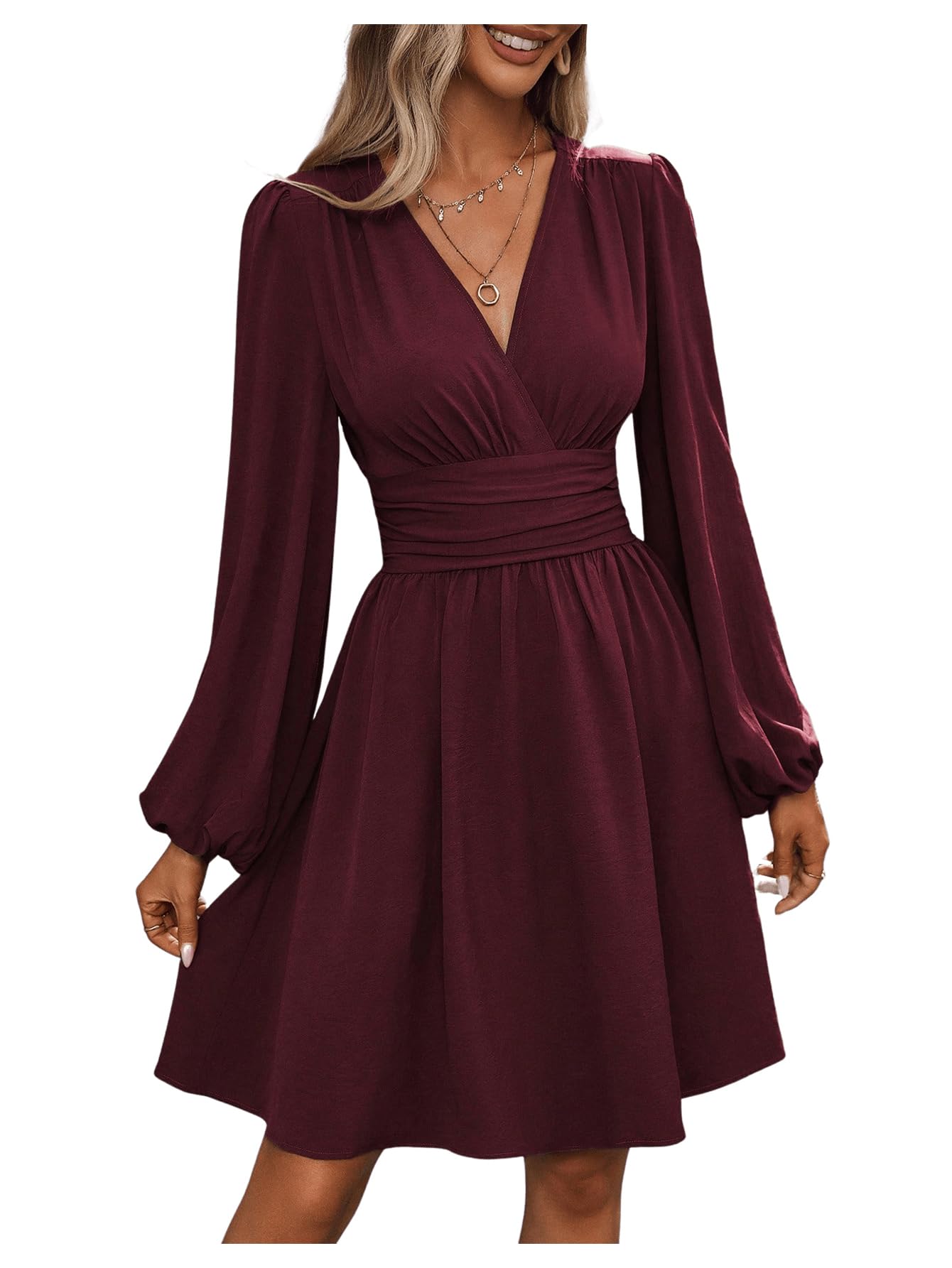 SOLY HUX Womens Elegant Dress V Neck Long Sleeve High Waist Swing Prom Cocktail Short Dresses
