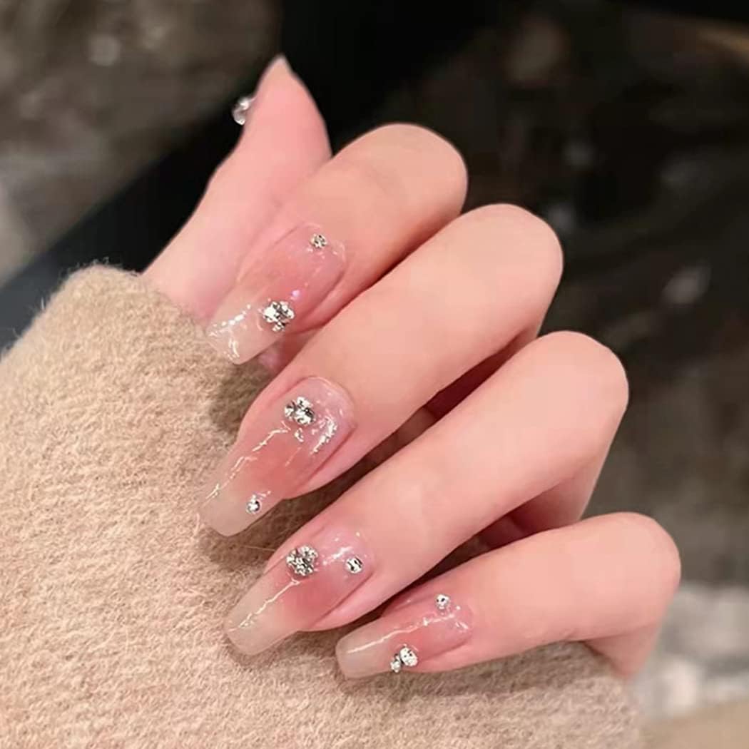 Sethexy Long Ballerina Fake Nails Pink Glossy Stick on Nails Design False Nails 24Pcs Acrylic Art Press on Nail Tips (Pink Star)