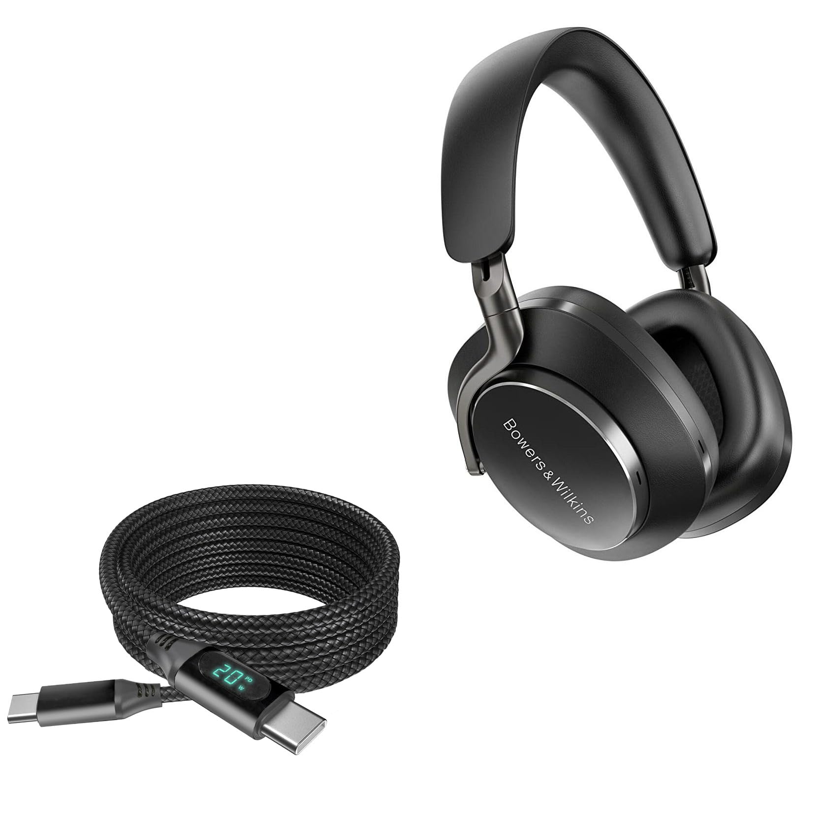 BoxWave Cable Compatible with Bowers & Wilkins Px8 - PowerDisplay PD Cable (6ft) - USB-C to USB-C (100W), LED Wattage Info Extra Long Braided Nylon - Jet Black