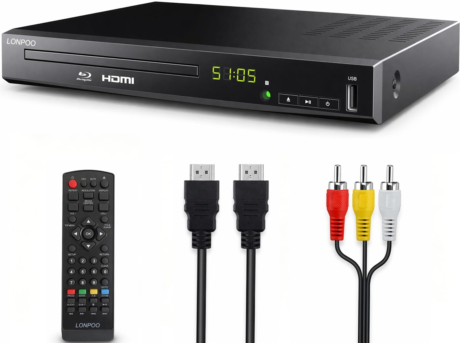LP-100 HD Blu-Ray Disc Player for TV with HDMI and AV Cables Upscaling TV CD DVD Player 1080P, Built-in PAL NTSC, HDMI Output, AV Output, Coaxial Output, USB Input