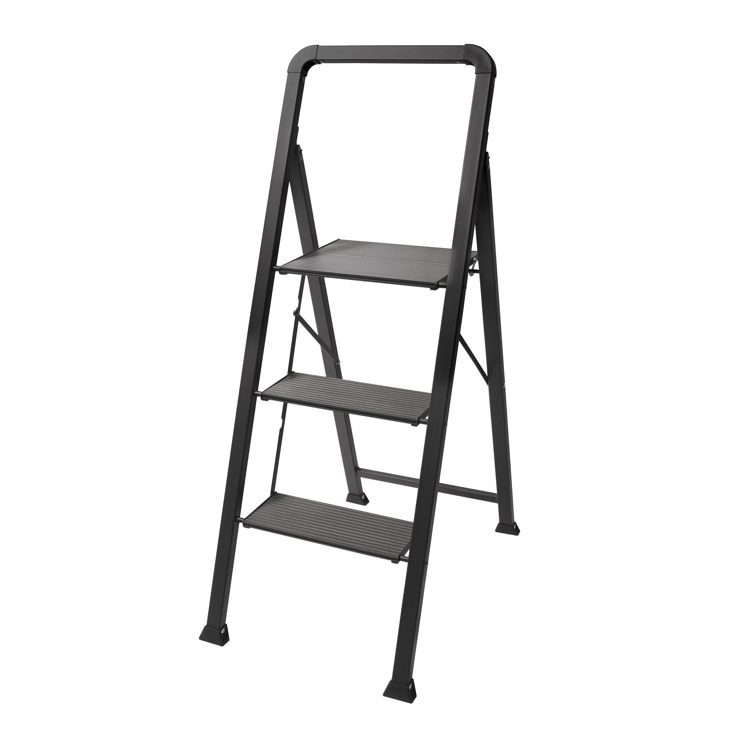 MSV - Escabeau Pliant 3 Marches en Acier - Charge Capacité 150 kg - Norme GS Sécurité - Design Compact et Pliable, Gain de Place - Pieds Antidérapants - Noir