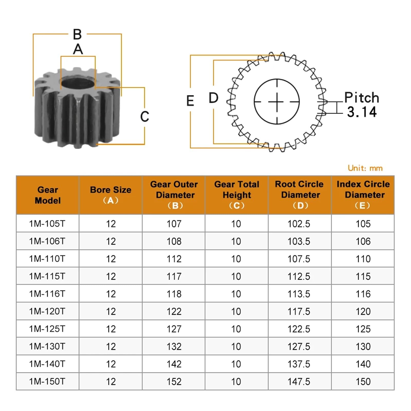 Bevel Gear Pinion Hardware Mechanical Blackening Motor Gear 1M-105T/110T/115T/120T/125T/130T/140T/150T Teeth Pitch 3.14mm Total Height 10mm Carbon Steel Flat Gear(1M125T (Bore 12 mm))