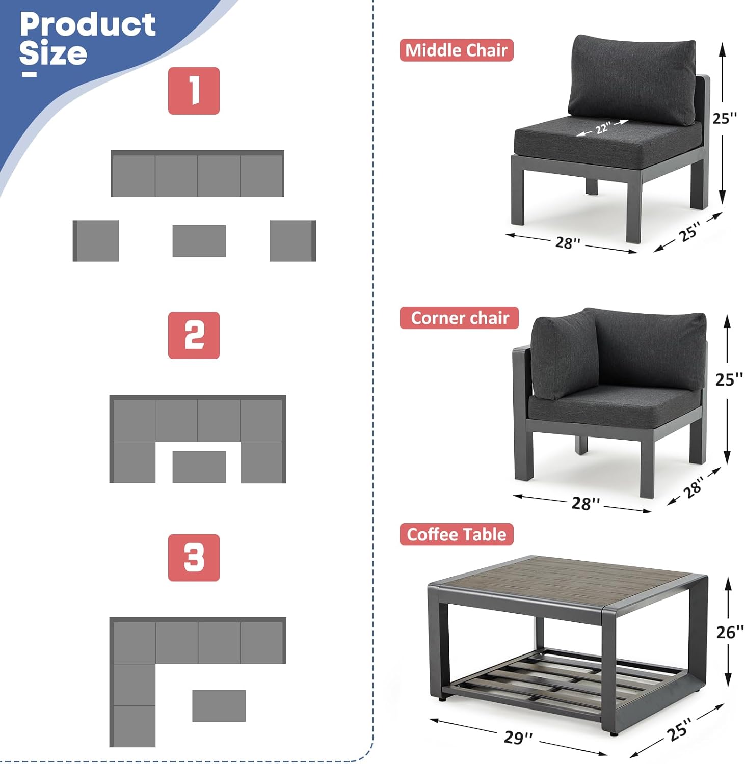 7 Pcs Metal Aluminum Patio Furniture Set Adjustable Corner Sofa with Coffee Table Outdoor Luxury Conversation Sofa Set, Gray