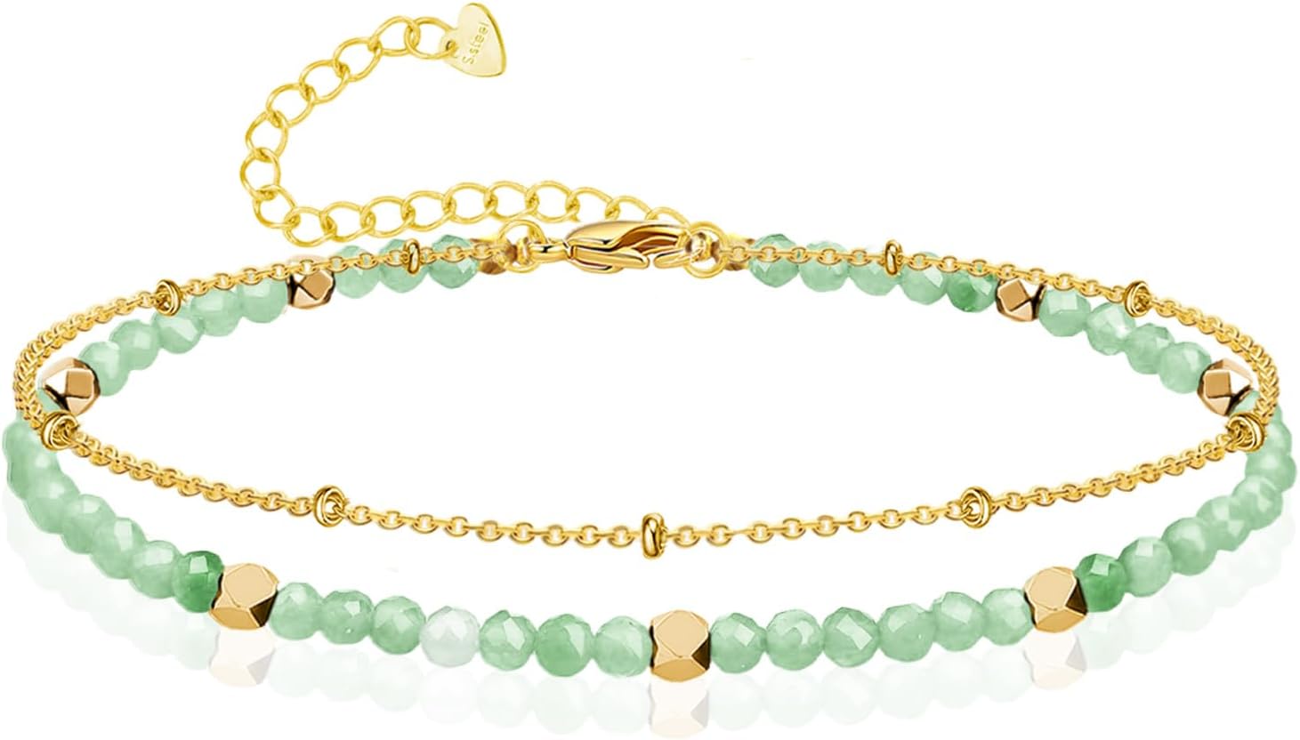 Gold Ankle Bracelet for Women Waterproof, Dainty Natural Stone Bead Anklet Adjustable Double Ankle Chain Summer Beach Boho Foot Jewelry Anniversary Birthday Gifts
