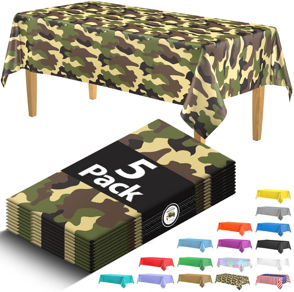 5 Pack Premium Camo Plastic Tablecloth - 108 x 54 in. Army Birthday Party Decorations - Disposable Army Party Decorations Plastic Table Cloth - Decorative Rectangle Table Cover - Camouflage Tablecloth Camo Rectangle