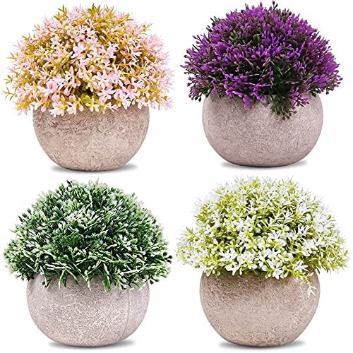 Amzeeniu 4 Pezzi Piante Artificiali in Vaso Mini Plastica Piante Fiori con Vasetto da Interno e Esterno Decorazione del Desktop Davanzale Bonsai Decorazione per Casa,Ufficio, Bagno,Cucina,Giardino