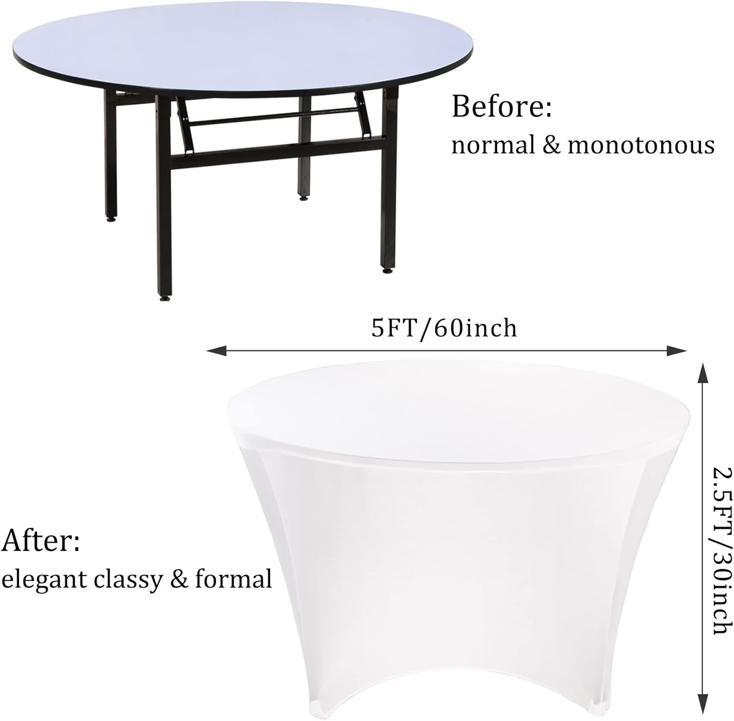 8 Pack 5FT Round Spandex Tablecloth 60” White Round Elastic Table Cover Washable Wrinkle Resistant Fitted Stretch Table Cover for Wedding Party Birthday Banquet Bar Events