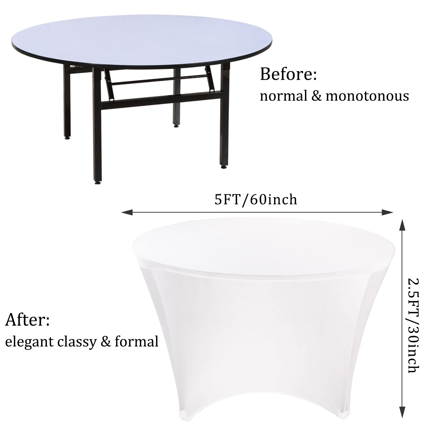 JALANCY 8 Pack 5FT Round Spandex Tablecloth 60” White Round Elastic Table Cover Washable Wrinkle Resistant Fitted Stretch Table Cover for Wedding Party Birthday Banquet Bar Events