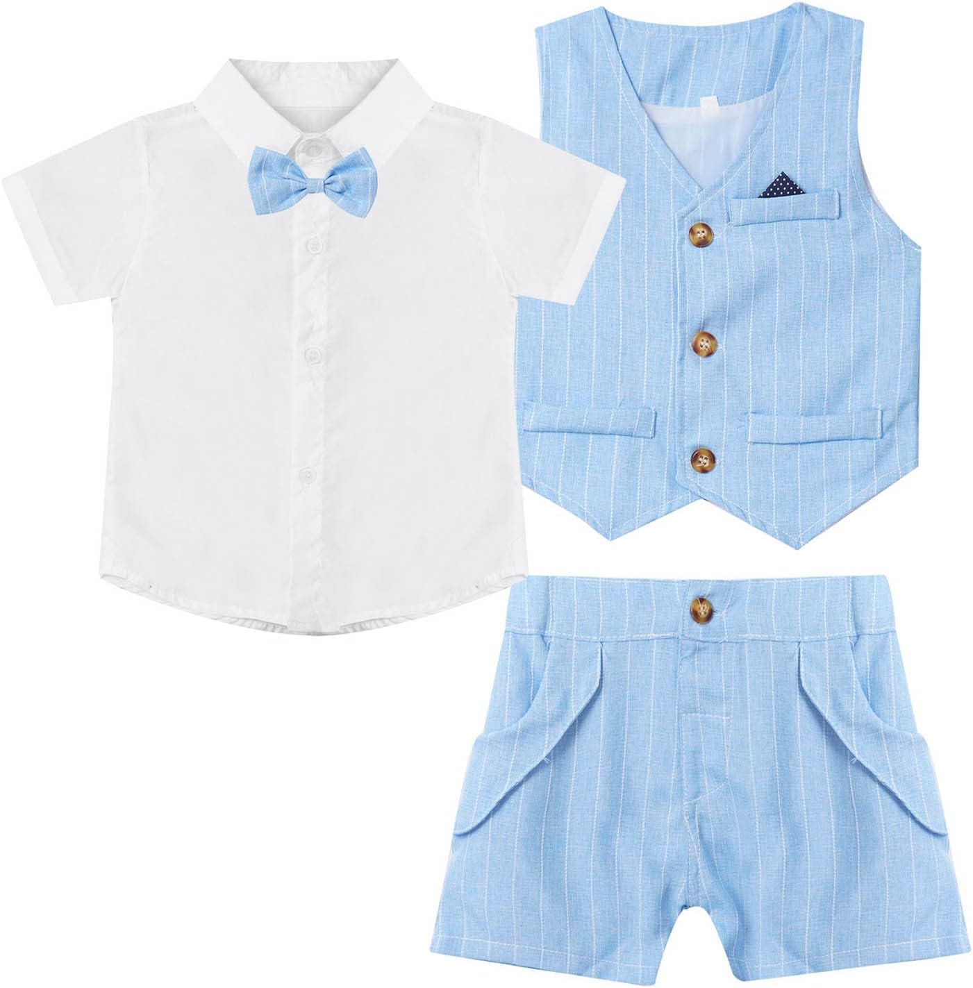 YiZYiF Baby Boys 3-Piece Tuxedo includes Dress Shirt Bow Tie Vest and Shorts Formal Suit Set