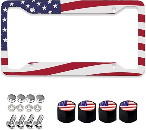 Miniatura 1 de 1 marco de matrícula y 4 tapas de válvula, marco de matrícula de bandera estadounidense, marco de matrícula patriótico de aluminio de acero