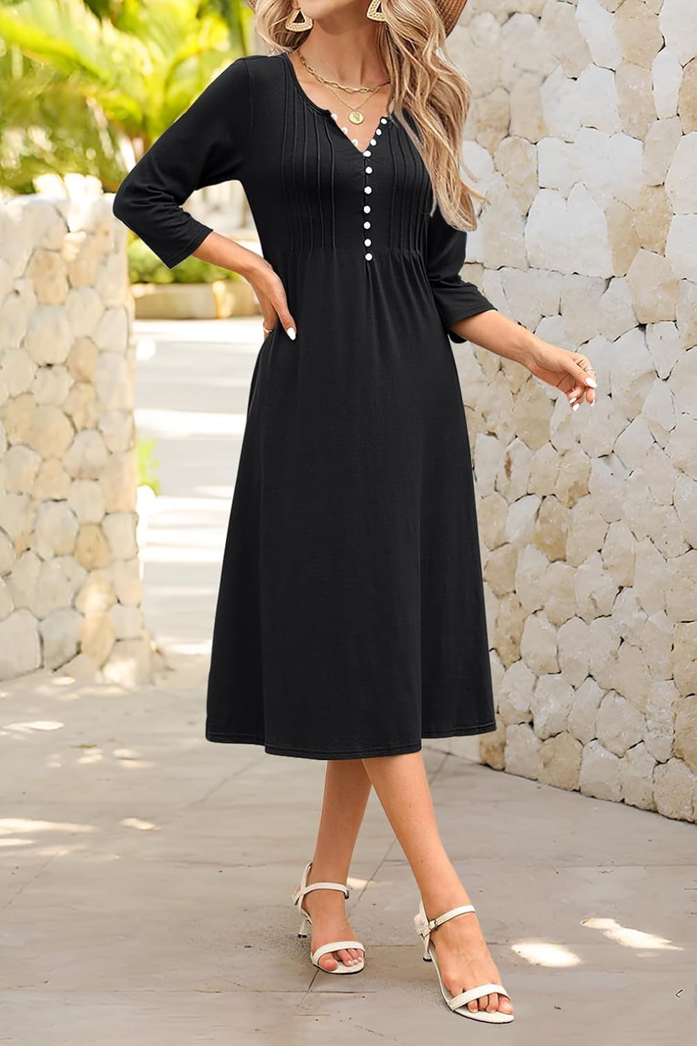 Soesdemo Long Sleeve Dress for Women Casual V Neck Pleated Button Down 3/4 Sleeves Knee Length Midi Dresses with Pockets - Image 4