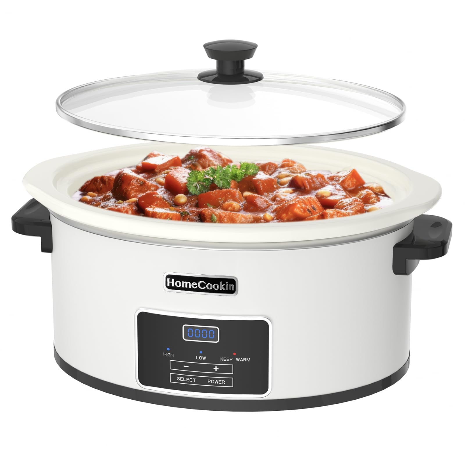 HOMECOOKIN 6-Quart Programmable Slow Cooker with Timer - Small Kitchen Appliance for Family Dinners - Serves 6+ People - Heat Settings: Keep Warm(White)