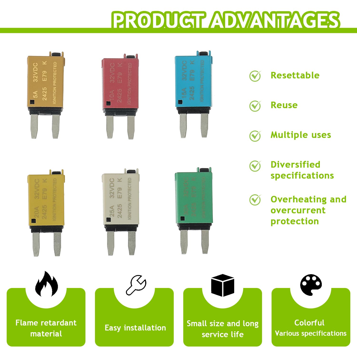5A 10A 15A 20A 25A 30A DC 12V-32V Manual Reset Circuit Breaker ATM Low Profile T1 Mini Blade Fuses Breakers for Car Trucks Marine Boat RV Solar and More