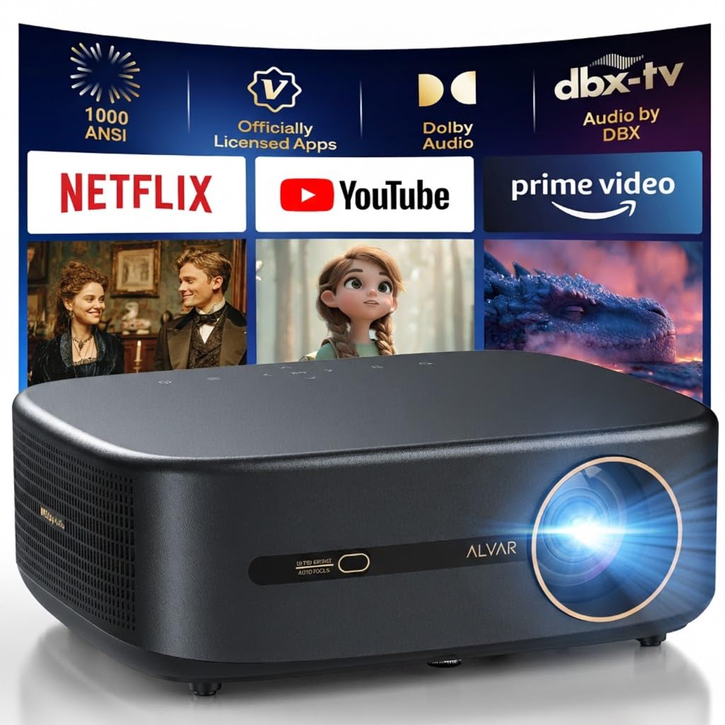 [1000 ANSI & Audio by DBX-TV] Alvar Smart Projector with WiFi 6 and Bluetooth, 30W Speakers, NetfIix Licensed & DoIby Audio Outdoor Proyector, Auto Focus Native 1080P Projector with HDR10, Black