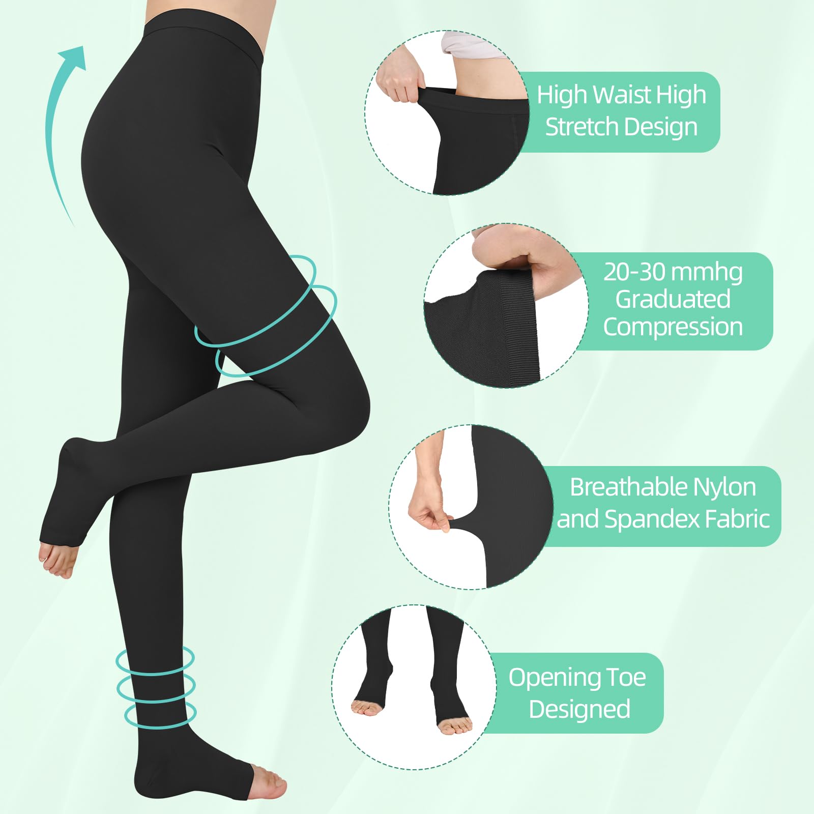 Collants de compression 20-30 mmHg, bout ouvert, bas médicaux haute compression pour œdèmes, varices, athlètes