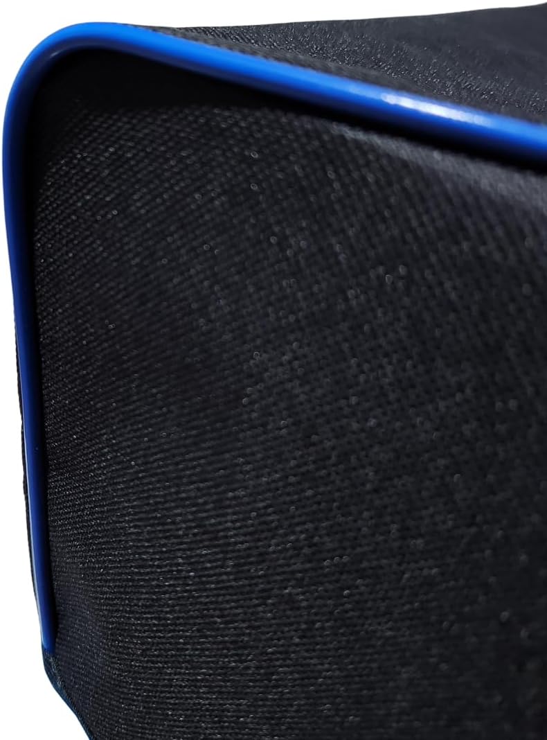 Close-up view of the reinforced blue piping along the edge of the black printer cover