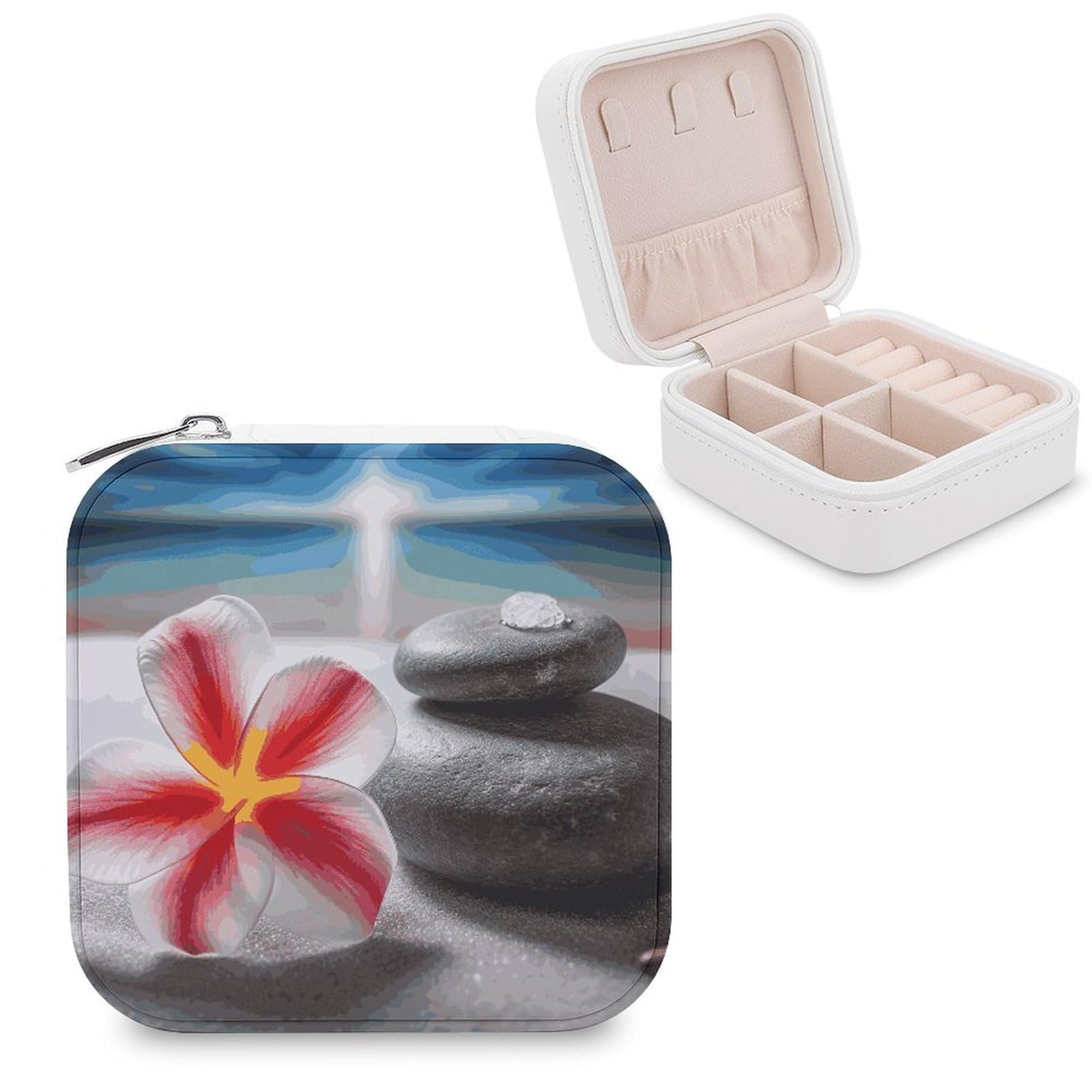 MUSM Tropical Flower And Zen Stone Travel Jewelry Case Personalized PU Leather Jewelry Boxes for Women Small Portable Jewelry Organizer Box Cute Trinket Box for Necklaces Rings Earrings & Gifts
