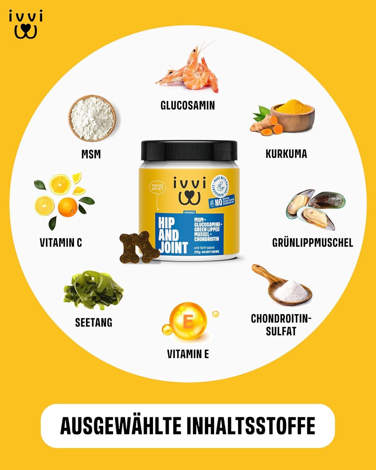ivvi Hip & Joint tabletki na stawy dla psów z glukozaminą, chondroityną i MSM – 60 przekąsek (270 g)