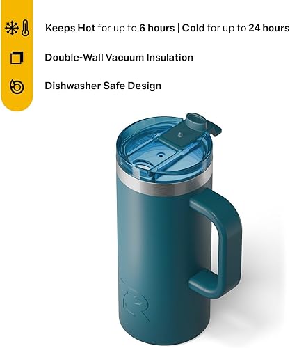 Miniatura 3 de RTIC Taza de viaje por carretera de 16 onzas con tapa y asa, forro de cerámica, aislada, acero inoxidable, metal, aislamiento al vacío de doble