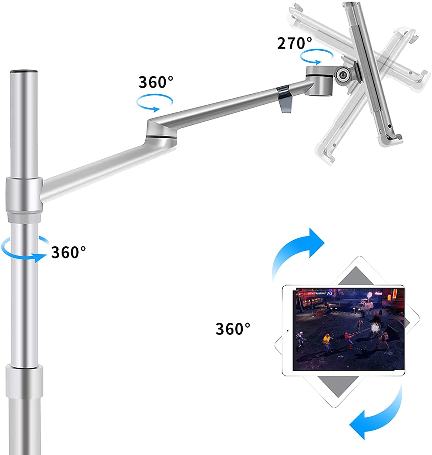ThingyClub - Soporte para tablet y portátil, 2 en 1, altura ajustable, doble brazo para tableta y teléfono de 4 a 13 pulgadas, bandeja adicional para portátiles de 12 a 17 pulgadas (plata)