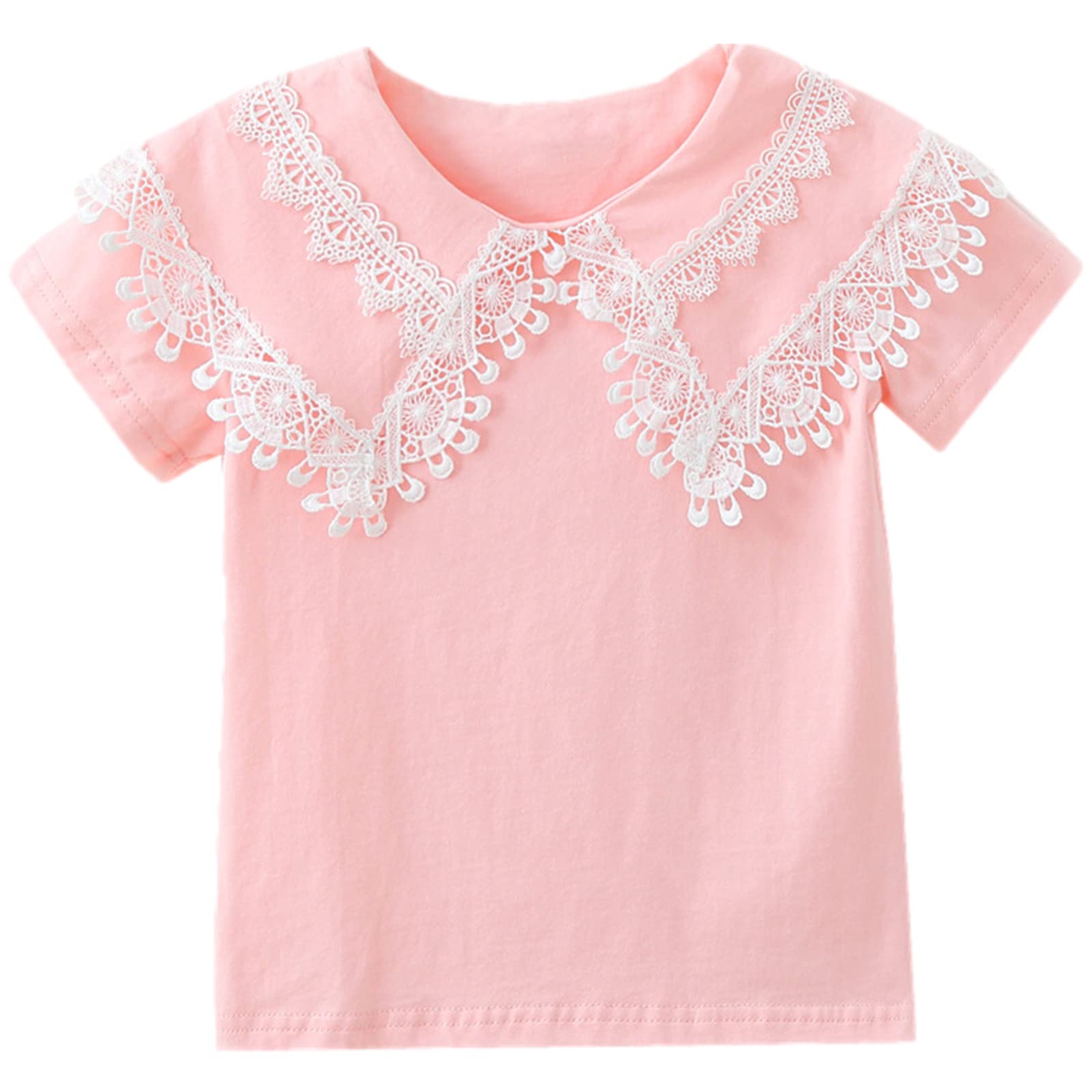 aromm Blusa Manga Corta para Niña Pequeños Tops de Algodón Uniforme Escolar Camisa Encaje Bordado Cuello de Muñeca